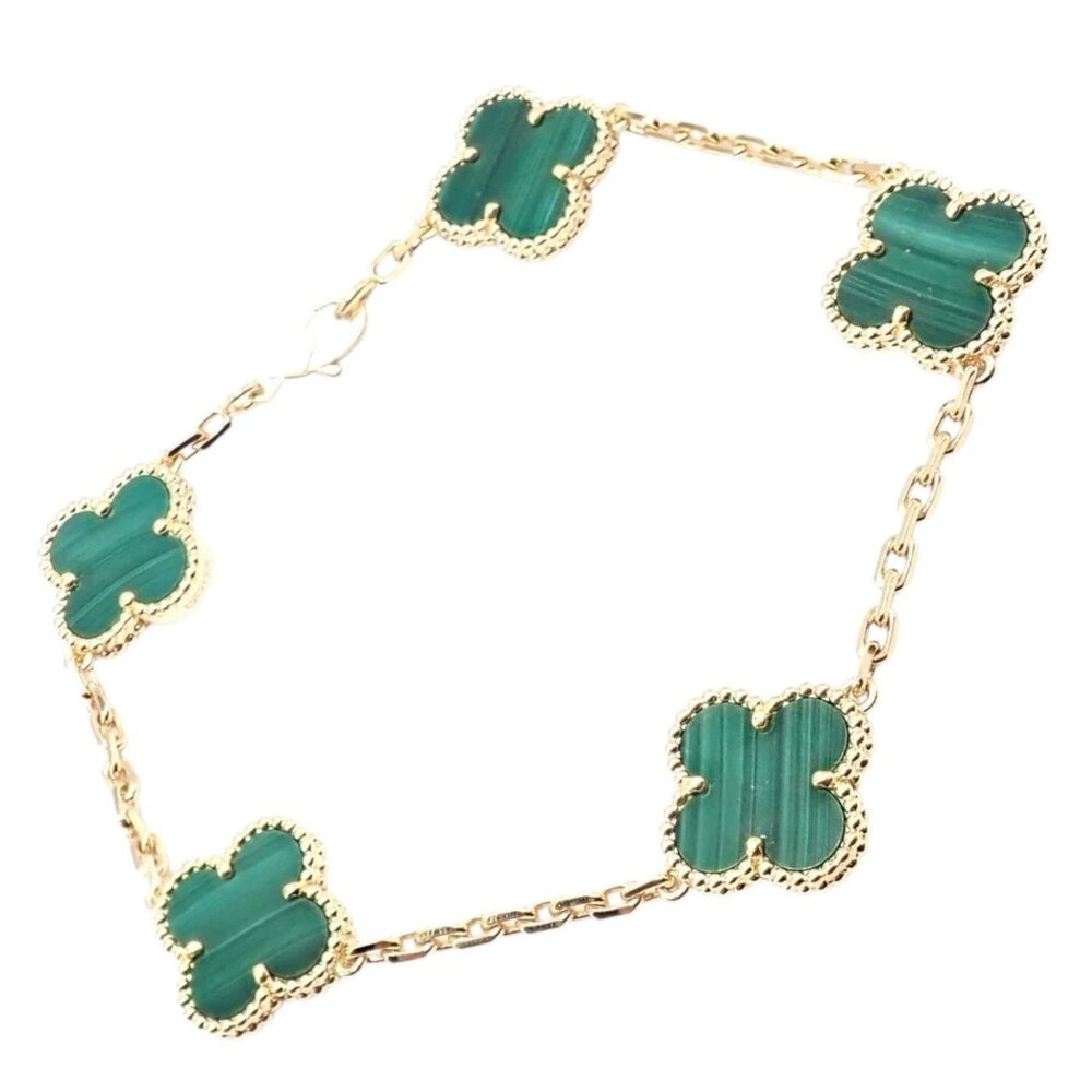 Authentic! Van Cleef & Arpels 18k Gold 5 Motif Malachite Alhambra Bracelet Cert.